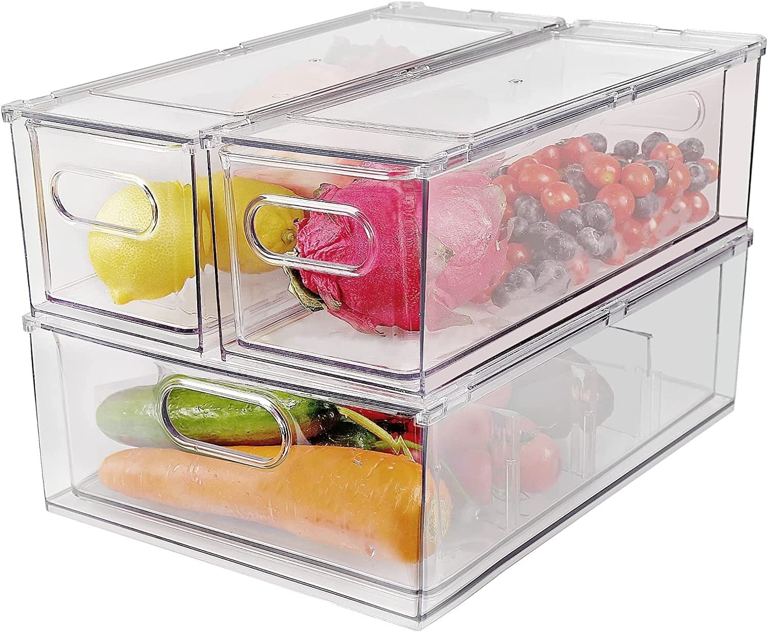 Three clear bins with fruits and vegetables