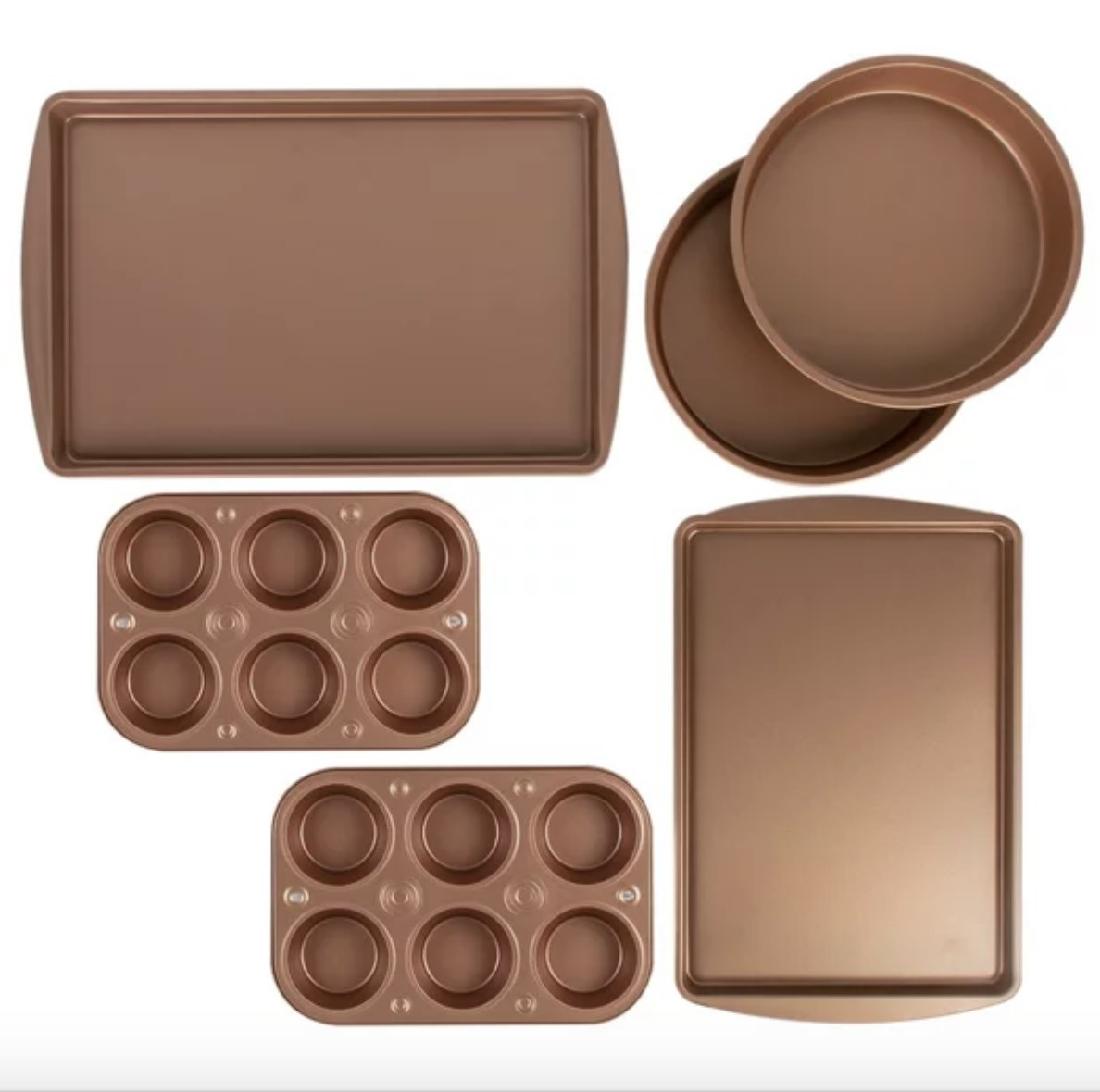 Six piece copper bakeware set, from left to right on top: medium cookie sheet, two round cake pans. From left to right on bottom: two muffin pans, smaller cookie sheet