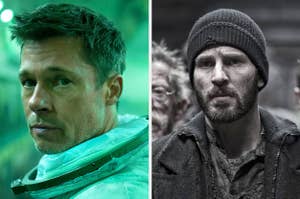 Brad Pitt examines a distant space station in “Ad Astra” / John Hurt, Jamie Bell and Chris Evans examine an concerning situation unfolding in their train car in “Snowpiercer.”