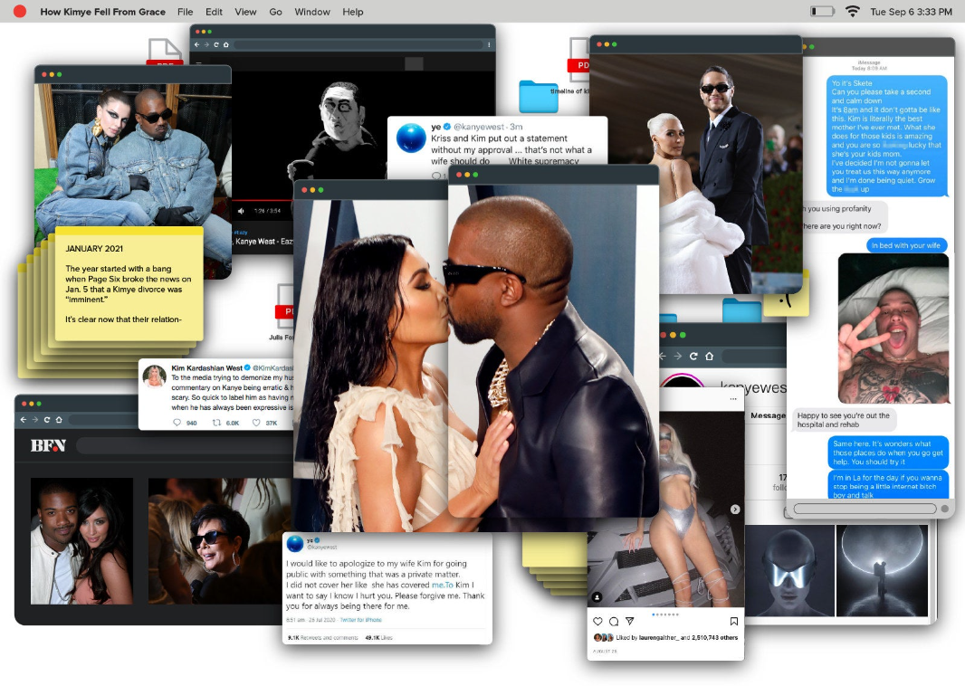 a collage of kim and kanye and social media and text message screenshots