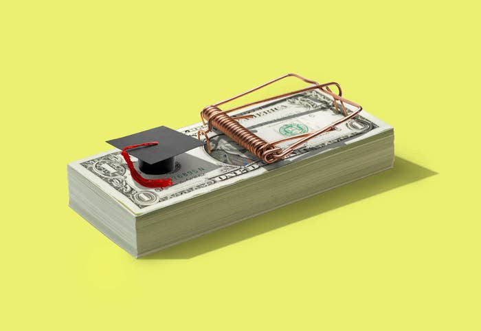 a mousetrap made out of a stack of cash, the bait is a graduation cap