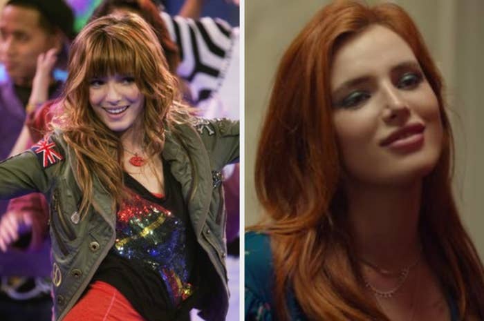 A side by side of Bella Thorne in Shake It Up and Time Is Up