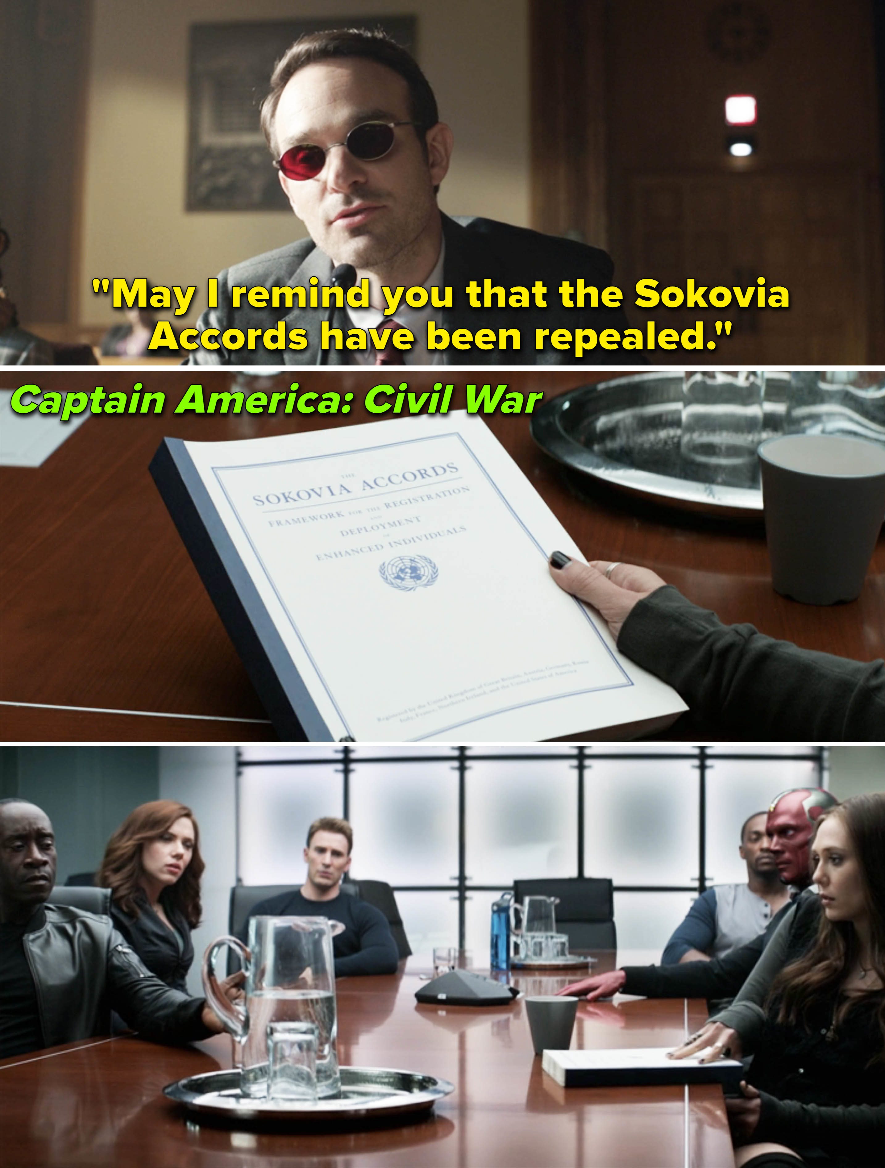复仇者坐在会议桌前看着Sokovia协议