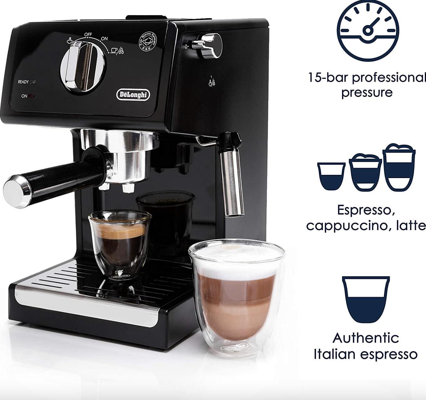 A black espresso machine with espresso in two cups