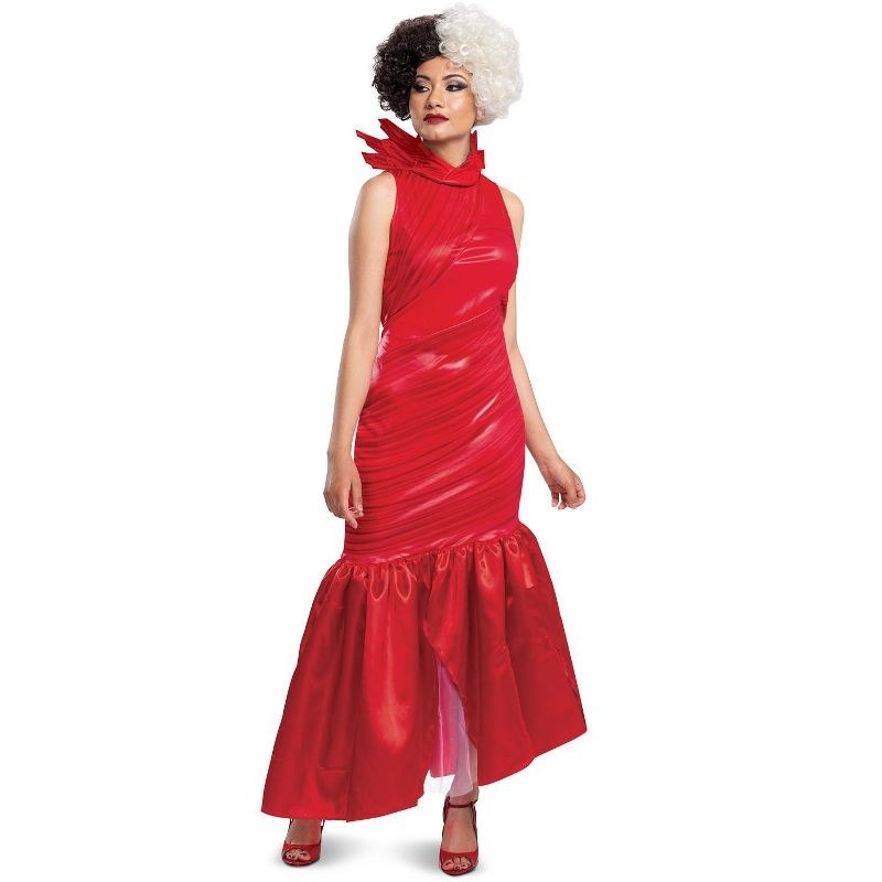model wearing the red dress costume