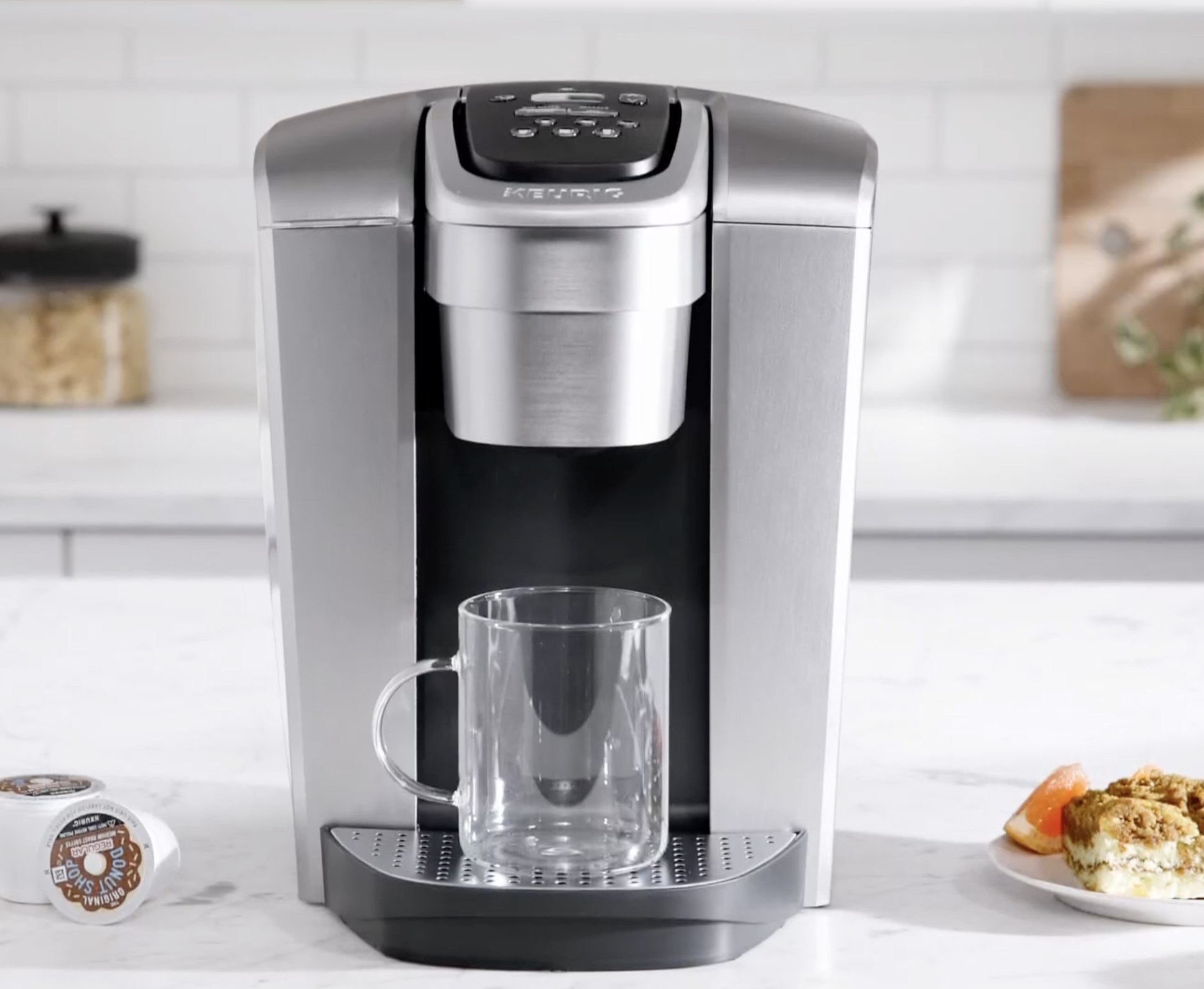 The silver and black Keurig coffee maker