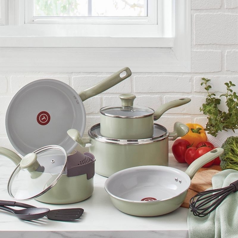 The full cookware set on a kitchen counter