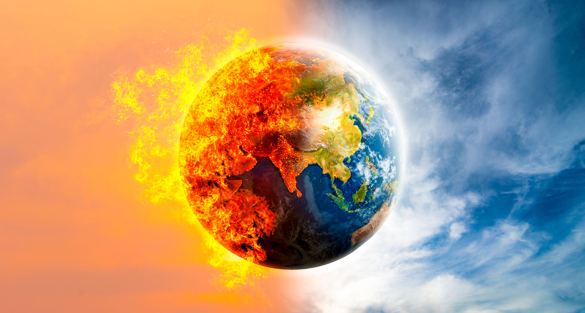 A photo illustration of half the earth in flames