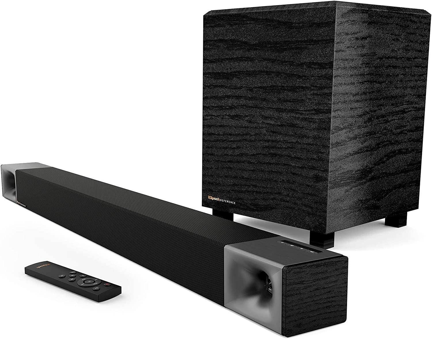 a product shot of the sound bar and woofer with a remote