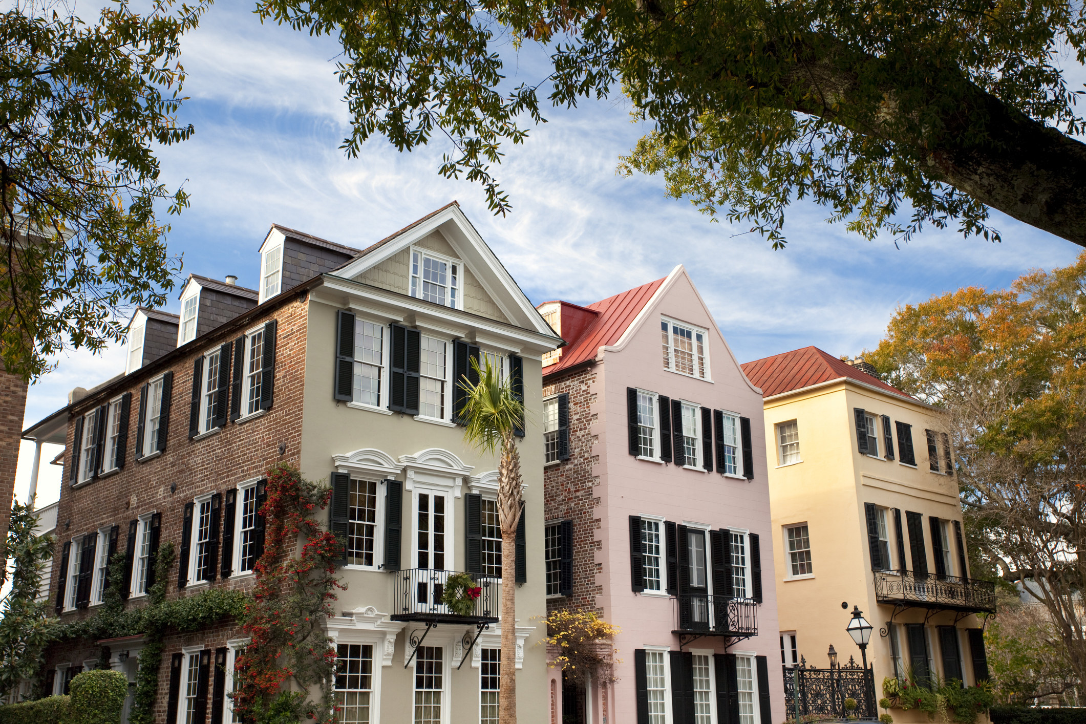 Colorful houses of Rainbow Row in Charleston.