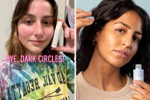 on left, BuzzFeed editor Genevieve Scarano wearing Korres eye gel to help minimize dark circles. on right, model applies Blume Meltdown Acne Oil to their face
