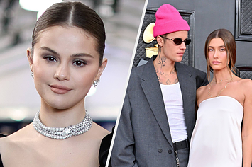 Selena Gomez wears a black dress with a silver choker made of layered diamond necklaces. Justin Bieber wears a gray suit with a white shirt and pink hat while Hailey Bieber wears a strapless white dress with a ponytail.