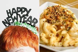 On the left, someone wearing a Happy New Year headband, and on the right, some mac and cheese topped with breadcrumbs and herbs