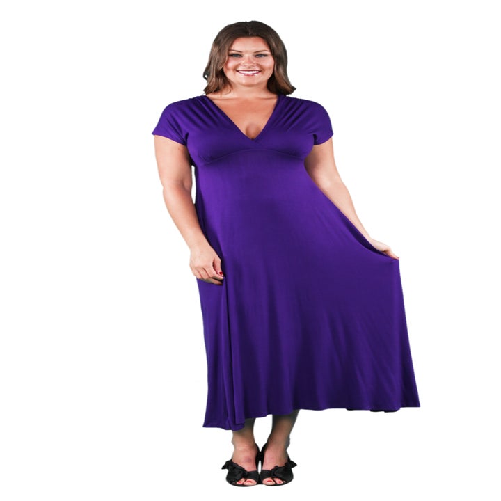 model wearing the dress in purple