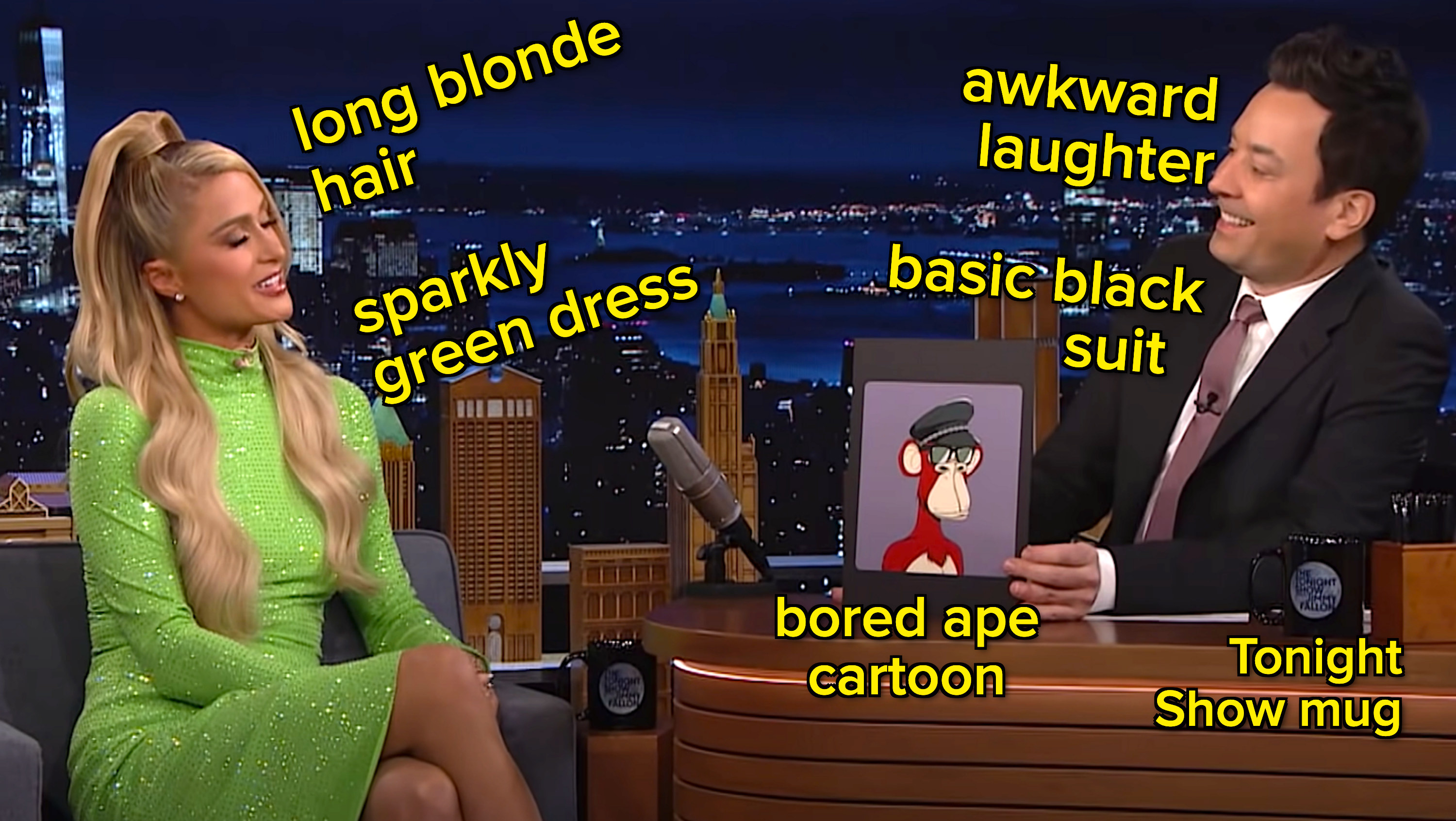 Paris and Jimmy during the interview, props include a sparkly green dress, black suit, bored ape cartoon and tonight show mug