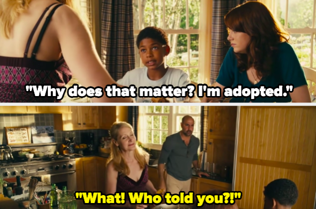一个孩子说“为什么重要?我# x27; m adopted"和一个男人在假装冲击响应“什么?谁告诉你的? !“