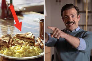 A dinner; Ted Lasso pointing