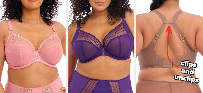 Three images of models wearing pink, purple, and beige bras