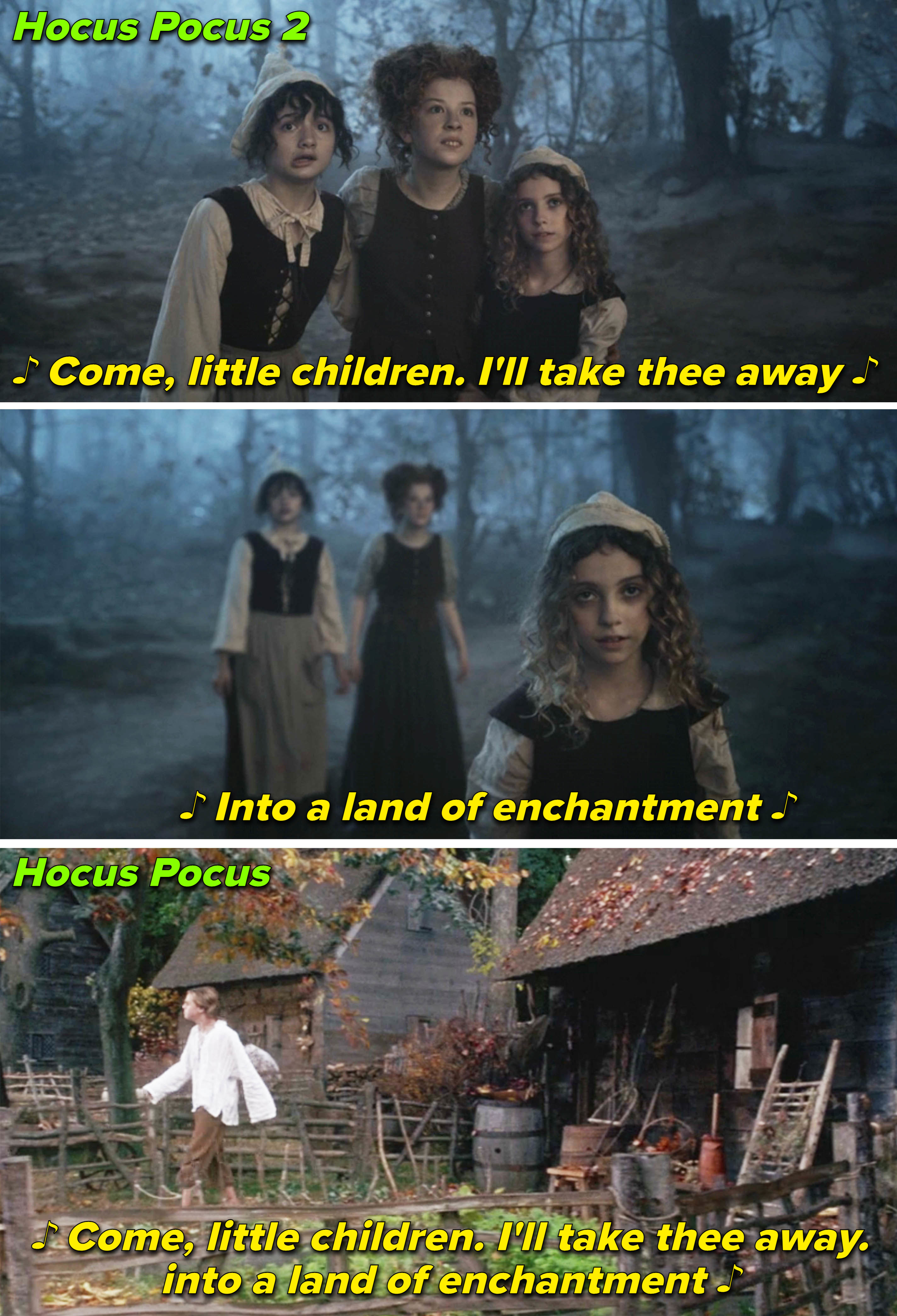 The line &quot;Come, little children, I&#x27;ll take thee away into a land of enchantment&quot; sung in each film