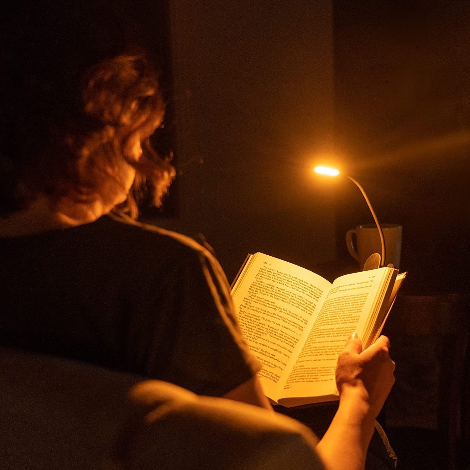person reading their book with the reading light above it