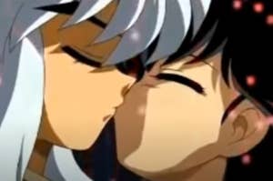 Kagome kissing Inuyasha preventing his transformation into a full demon