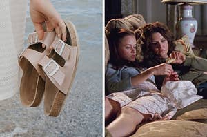On the left, someone standing in front of the ocean while holding a pair of sandals, and on the right, Rory and Lorelai from Gilmore Girls sitting on the couch, watching TV and eating biscotti