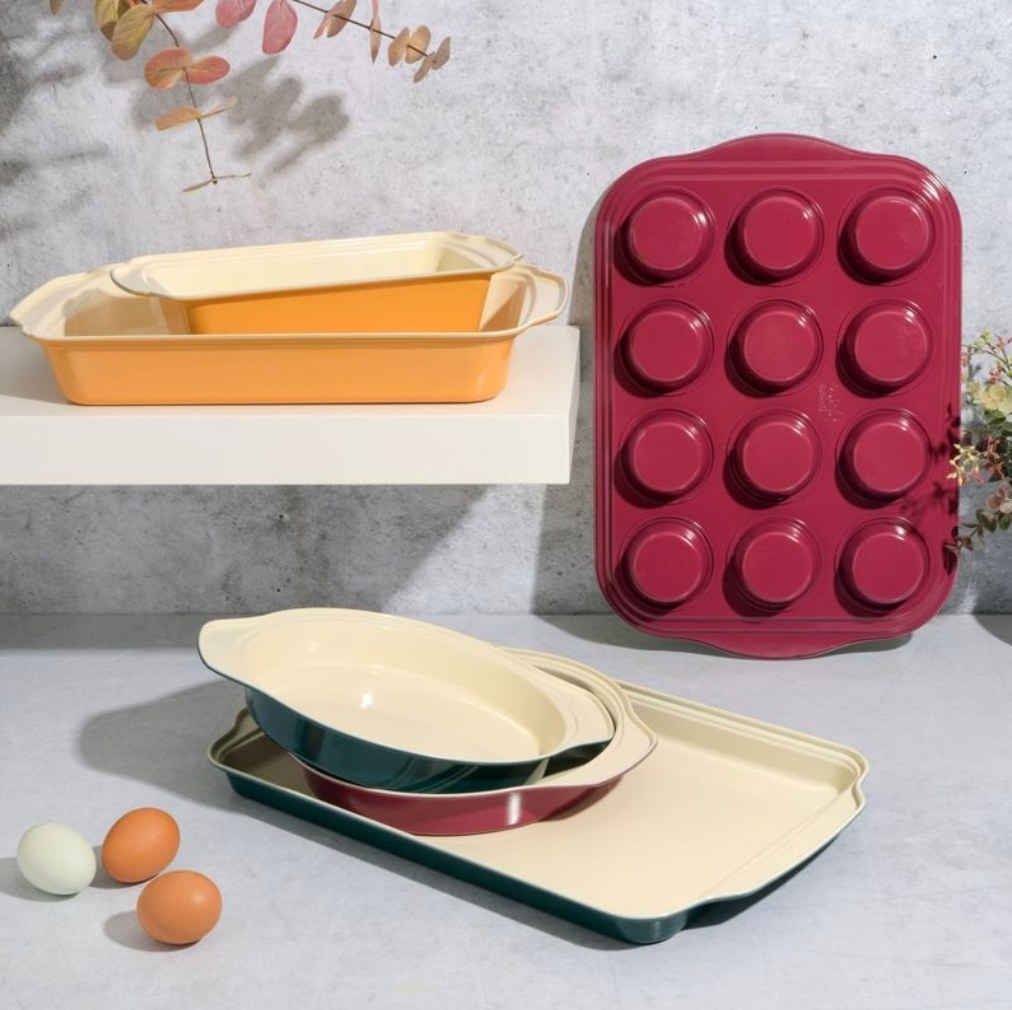 the colorful bakeware on a counter with eggs