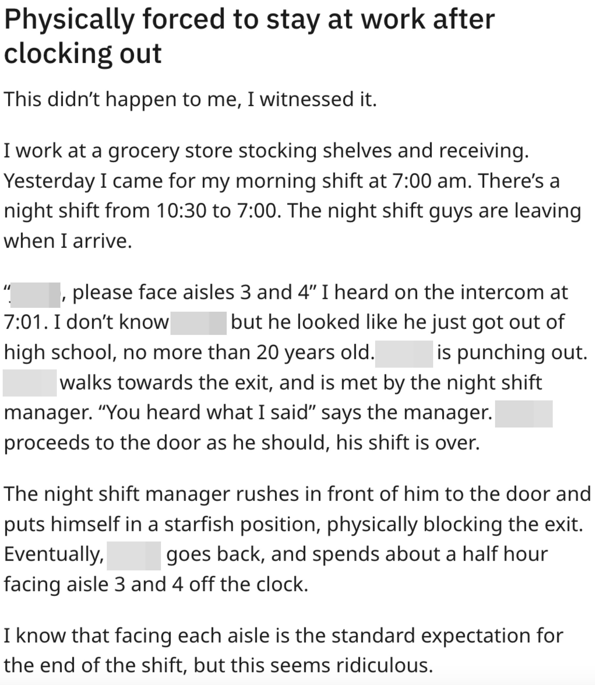 A boss threatening to &quot;block the exit&quot; if employees try to leave