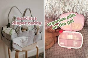 diaper caddy full of baby items / reviewer holding pink travel pill organizer