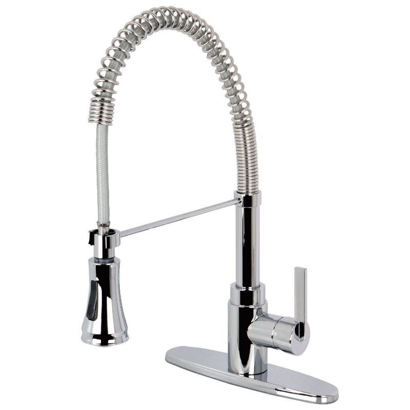 shiny silver faucet with a spiral pull-down handle