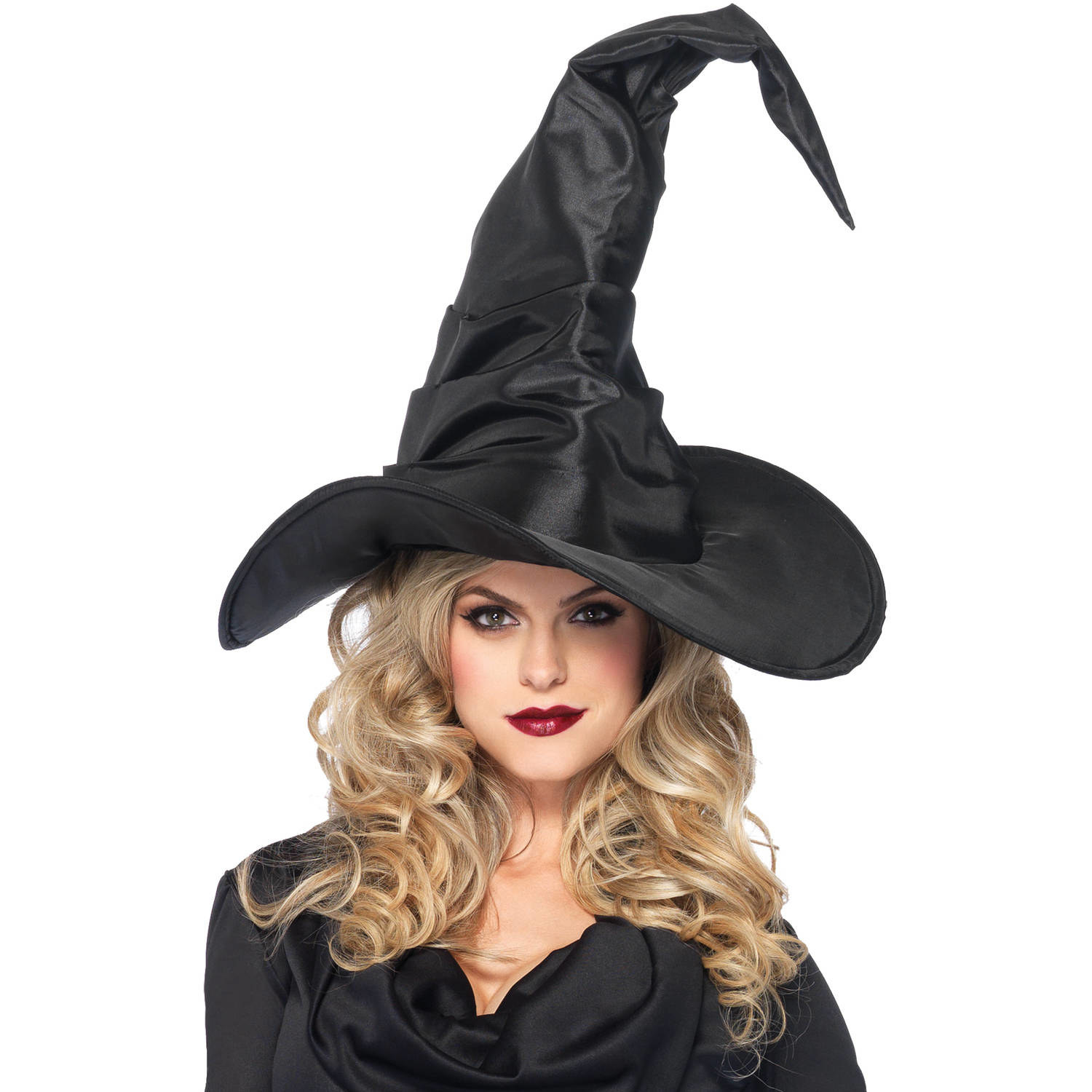 a model wearing the black witch hat