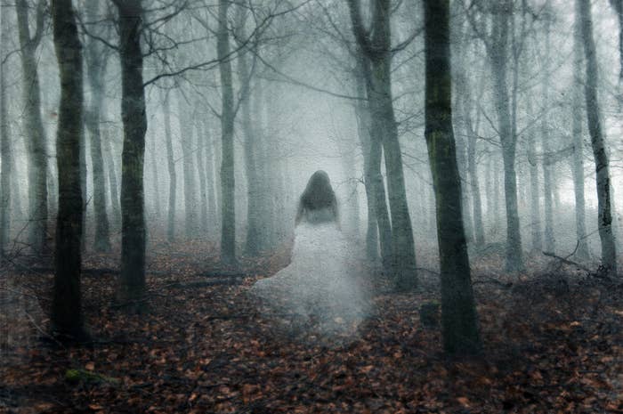 Translucent image of a woman walking amid trees