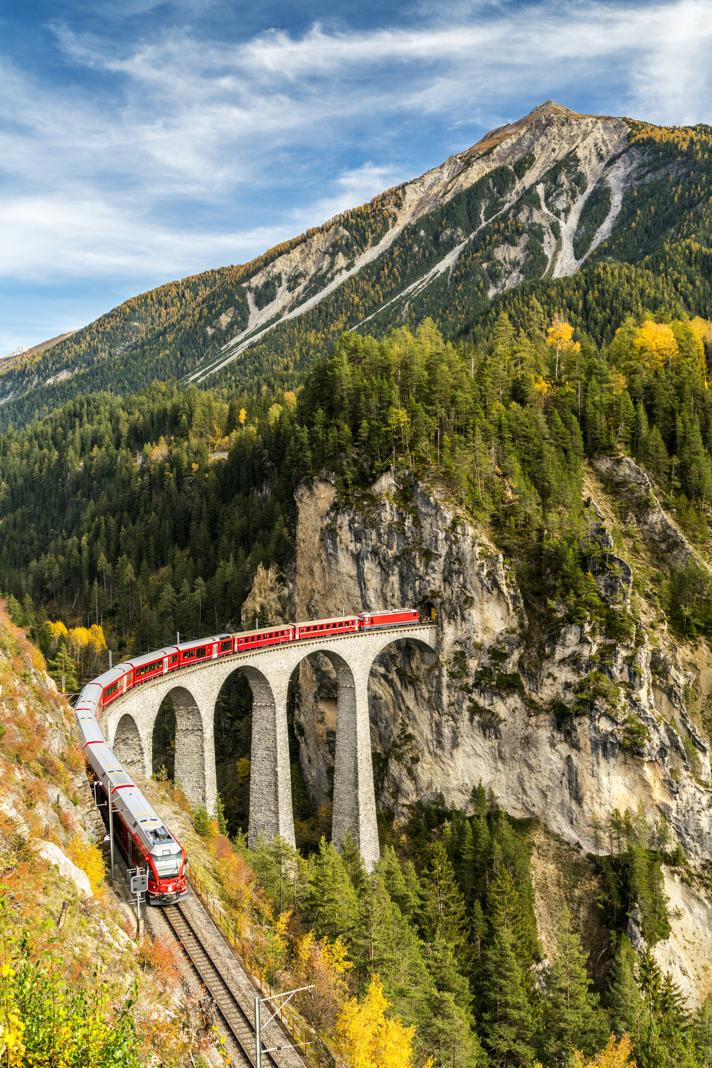一列火车穿过风景秀丽的秋季风景。