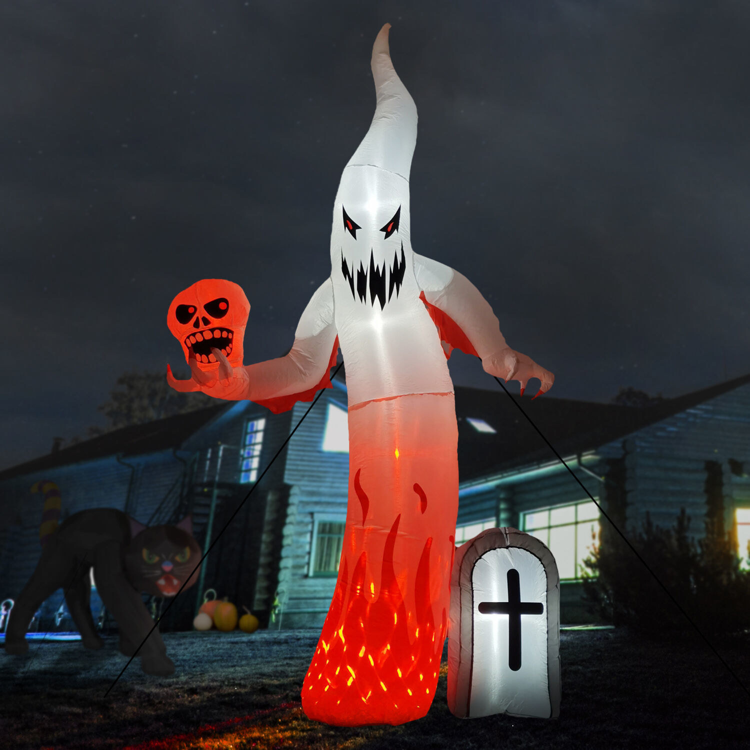 the red and white ghost holding a pumpkin next to a tombstone