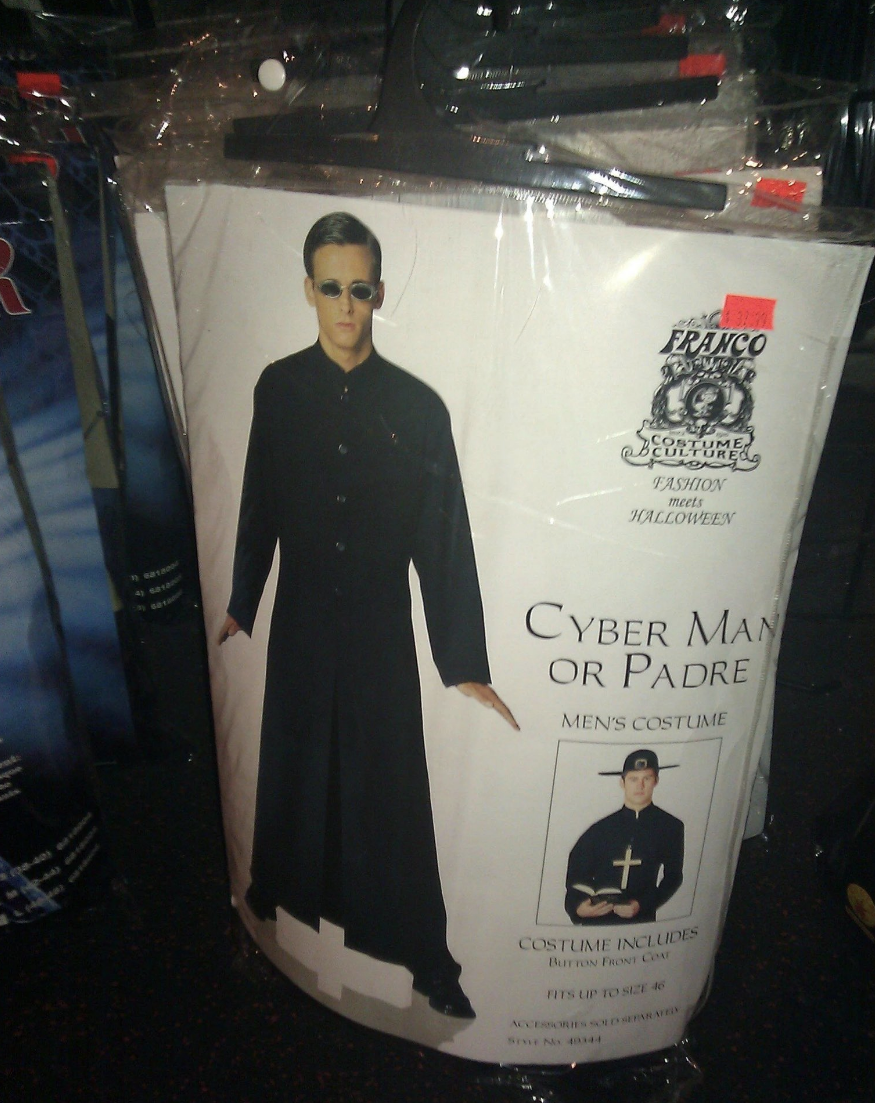 off brand priest costume with small sunglasses