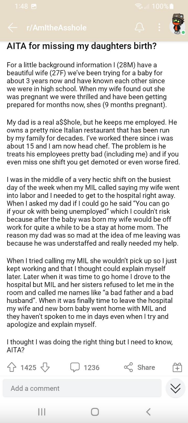 Screenshot of a Reddit post from a boss who threatened an employee&#x27;s job if they went to their child&#x27;s birth.