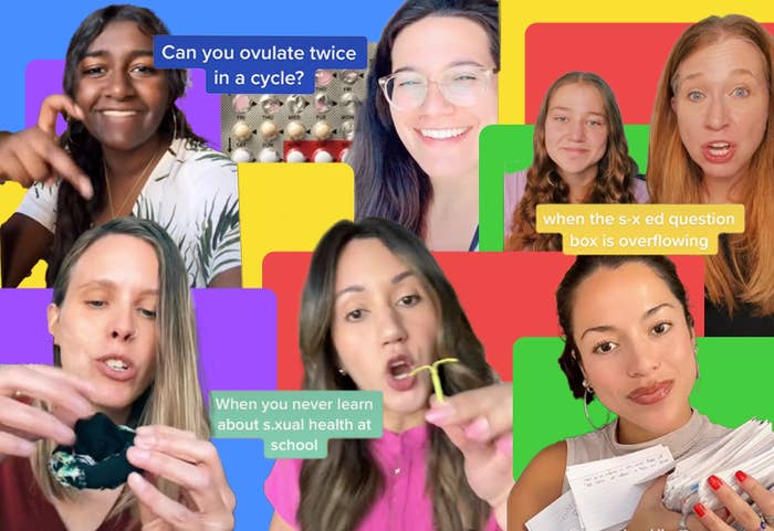 a collage of tiktok creators with captions about sex ed overlaid throughout the image