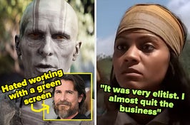 christian bale in thor love and thunder captioned "Hated working with a green screen" and zoe saldana in pirates of the caribbean captioned "It was very elitist. I almost quit the business" 