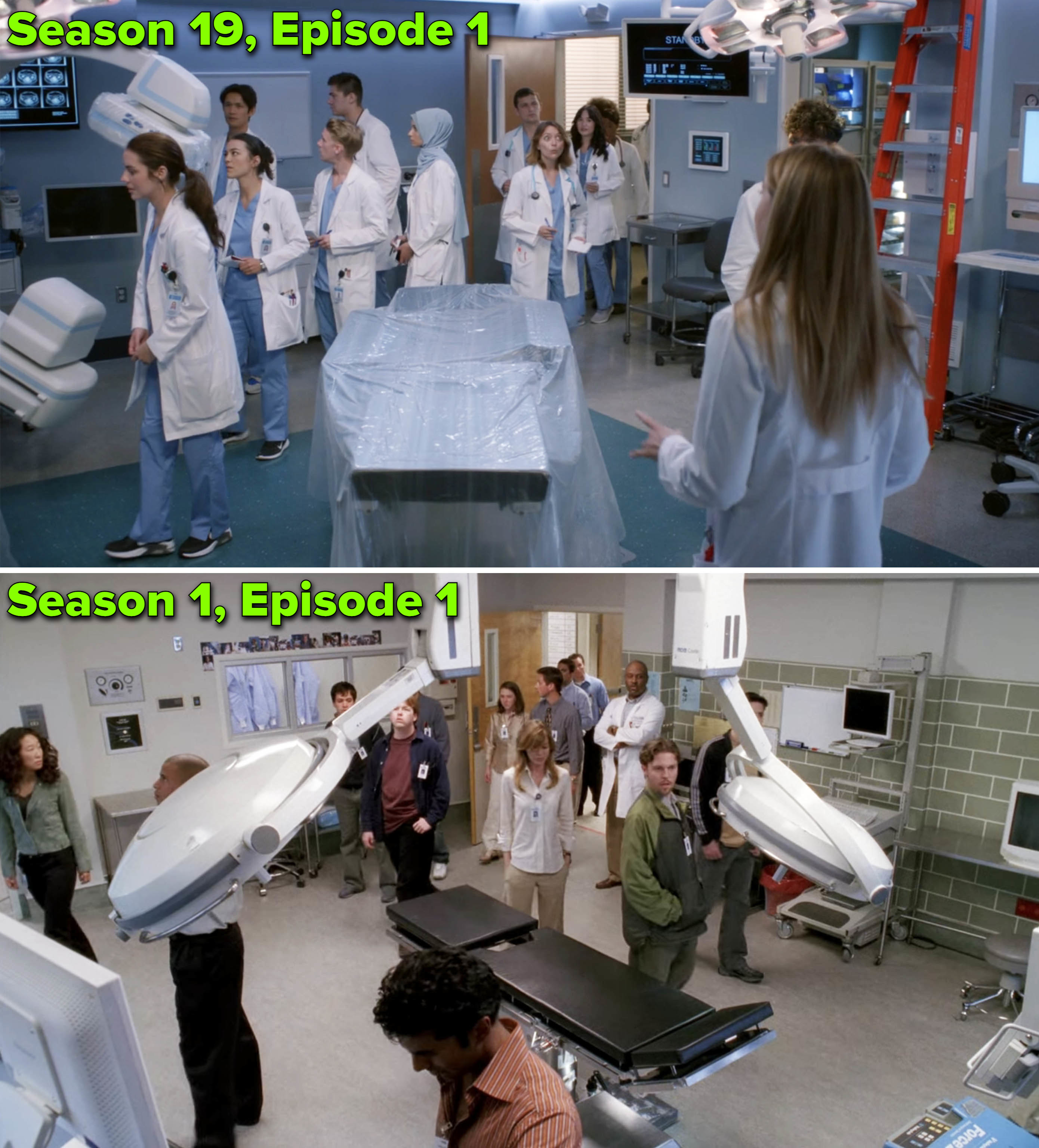 Meredith giving a speech in an OR in Season 19 vs Richard in Season 1