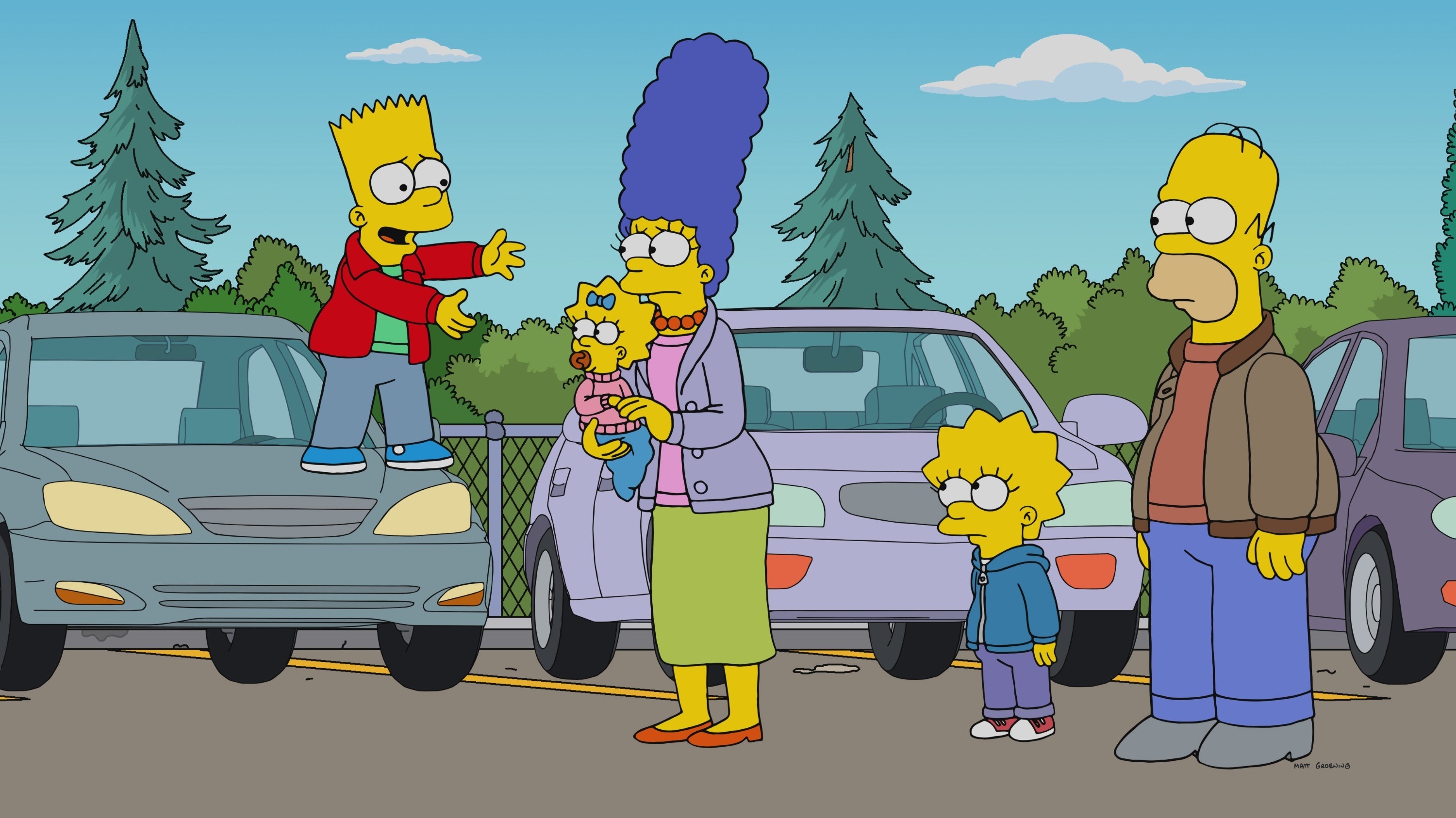 The Simpsons characters in a parking lot