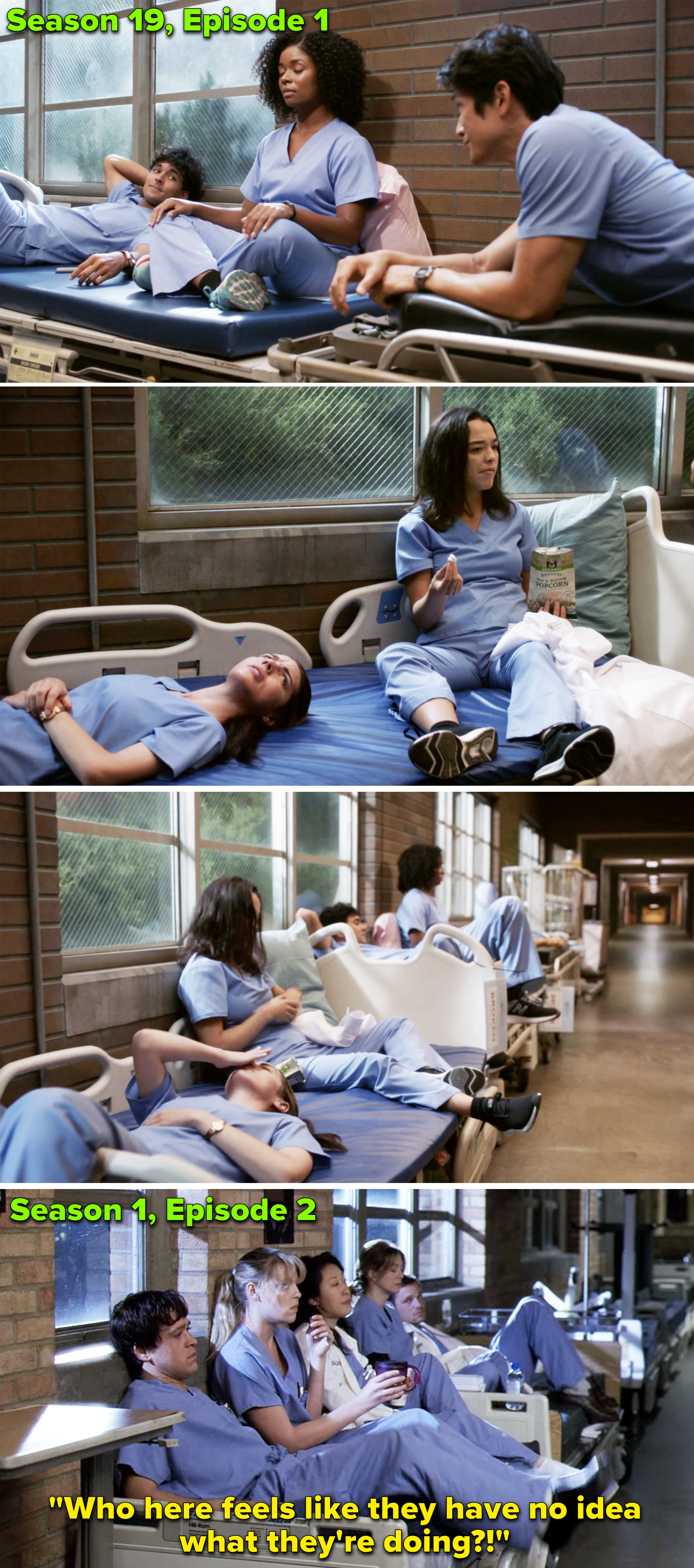 The Season 19 interns sitting in the hallway vs. Season 1