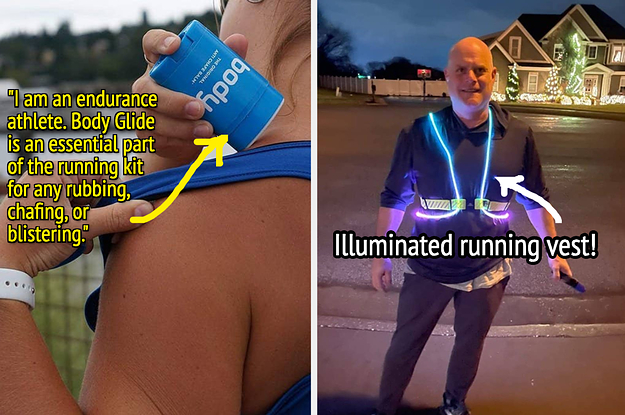 on left, model applying Body Glide anti-chaffing balm to shoulder. on right, reviewer wearing illuminated blue, pink, and white running vest while walking at night