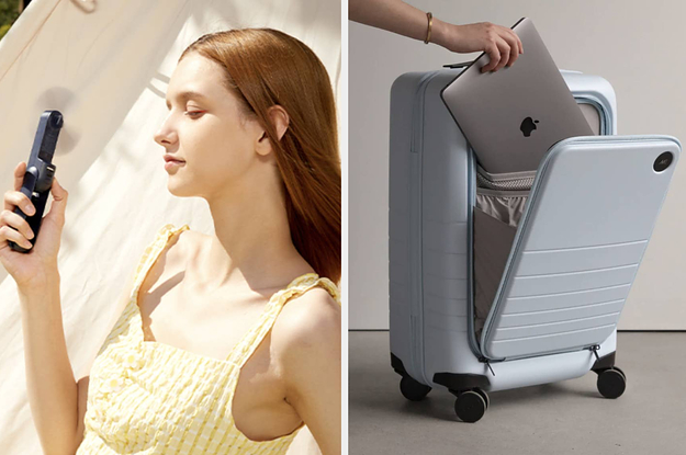 Model using handheld fan/model placing laptop in suitcase