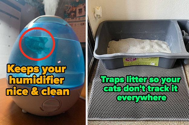 L: a reviewer photo of a humidifier with a plastic fish inside the tank and text reading "Keeps humidifier nice & clean", R: a reviewer photo of a litter box on top of a gray mat and text reading "Traps litter so your cats don't track it everywhere"