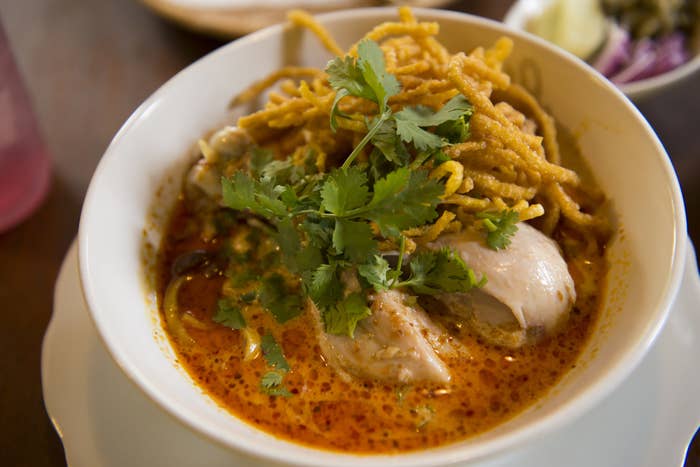 A Thai curry dish in a bowl.
