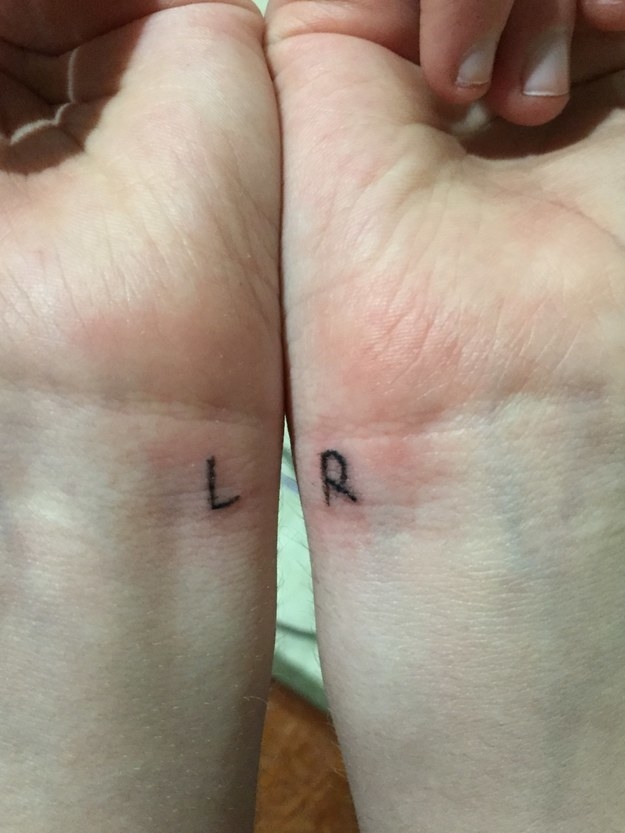 letters L and R on left and right wrists