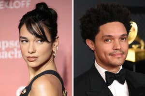 Dua Lipa wears a black dress with gold buttons on the shoulders with her hair in an updo with a bang. Trevor Noah wears a black suit with a white shirt and black bowtie.