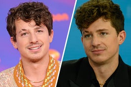 Charlie Puth wears a multi-colored sweater with an orange collar with yellow, green, and pink color blocks in it. He also wears a black blazer top with a gold chain.