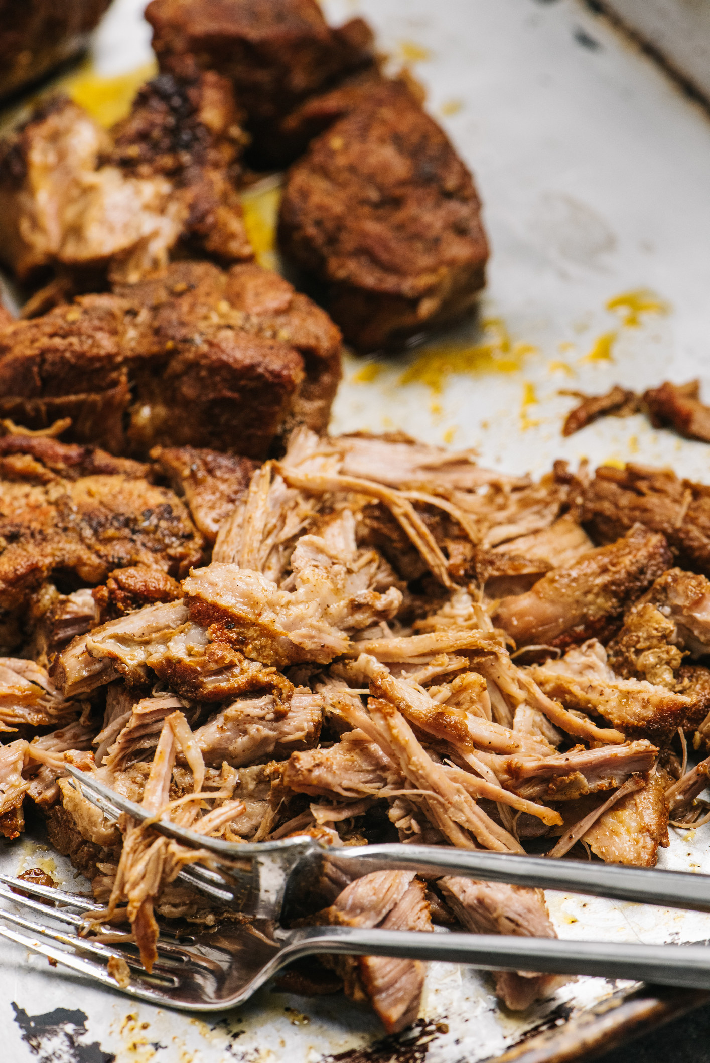 Slow cooked pulled pork.