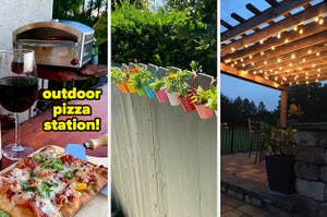 an outdoor pizza station / rainbow flower pots hanging on a fence / lights strung up on a pergola 